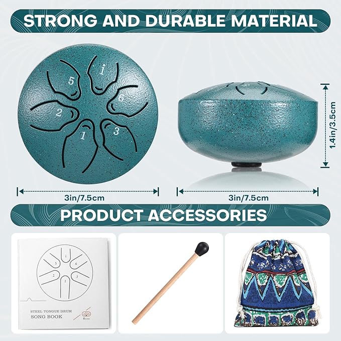 Facmogu Steel Tongue Drum Rain Chime, 3 Inch 6 Note Rain Drum for Outside, Chakra Drum for Outside Garden, Mini Hand Drum with Bag, Meditation Yoga Zen Gift for Beginner Adult - Green(Bowling Pattern)
