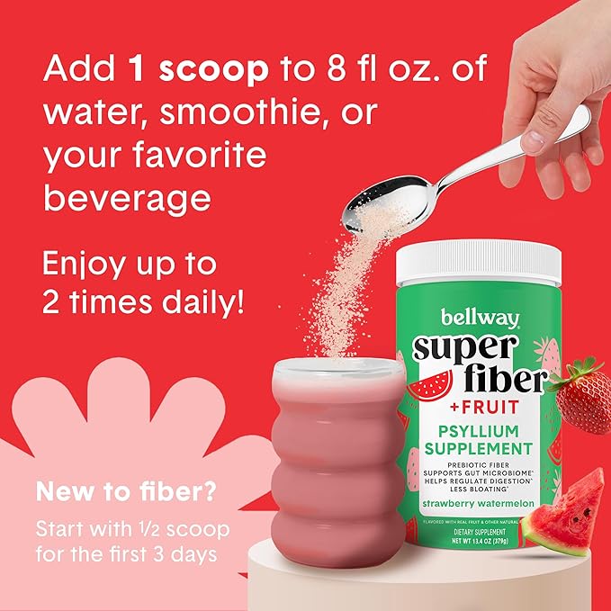 Bellway Super Fiber Powder + Fruit, Sugar Free Organic Psyllium Husk Powder Fiber Supplement for Regularity, Bloating Relief & Digestive Health, Plant-Based, Strawberry Watermelon (50 Servings)