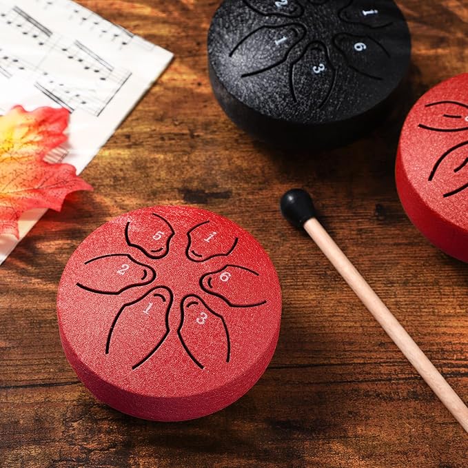 Facmogu Rain Drum for Outside, 6 Notes 3 Inch Steel Tongue Drum Rain Chime, Musical Rain Drum for Garden Yoga Meditation Zen, Mini Chakra Drum for Rain Outdoor w/Bag & Mallet - Red (Bowlling Pattern)