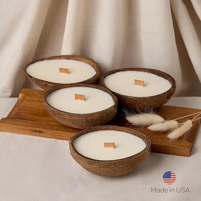 – Set of 4 Separate Scented Candles | Coconut Shell Candle, Wooden Wick | Candles for Home Scented & Candle Décor I Gift idea (Cashmere/Pistachio/Coffee/Salted Caramel)