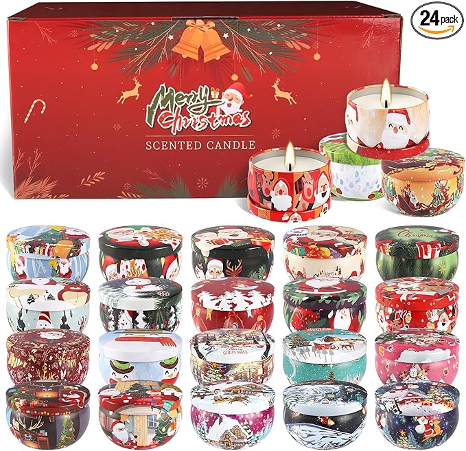 24 Packs Christmas Scented Candles Gift- Aromatherapy Candle-2.5oz Soy Wax-Long Lasting Burn time, Advent,Christmas Thanksgiving Gifts, Home Decor.