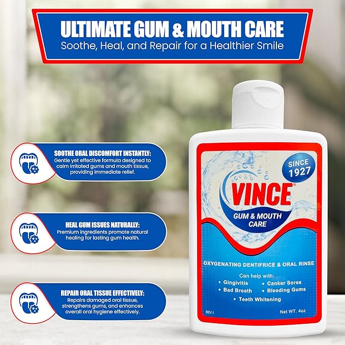 Vince Gum and Mouth Powder - Daily Use Dentifrice - Oxygenating Bubbles - Bad Breath - Gingivitis - Irritated Bleeding Gums - Canker Sore - Inflammation - Wounds - Cleanse & Refresh - 4oz (Pack of 2)