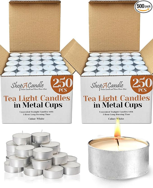 500 Pack Tealight Candles in Metal Cups - Clean, White Unscented Tealight Candles with 3 Hour Long Burning Time for Romantic Dinner, Weddings, Spa & Hotels