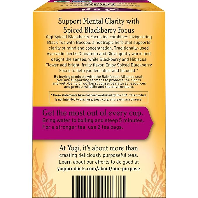 Yogi Tea Spiced Blackberry Focus - 16 Bags per Pack (4 Packs) - Organic Blackberry Tea for Focus with Caffeine - Includes Black Tea Leaf, Hibiscus Flower, Cinnamon Bark & More