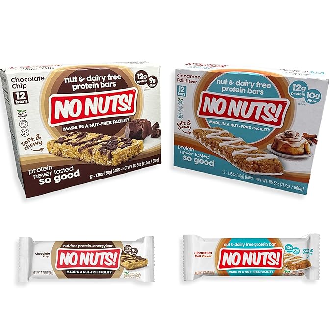 No Nuts! Chocolate Chip AND Cinnamon Roll Flavor Snack Bars - 100% Nut Free Dairy Free Vegan Protein Bars