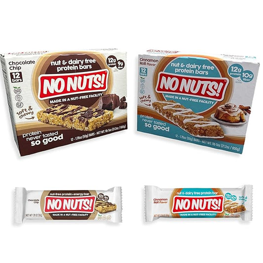 No Nuts! Chocolate Chip AND Cinnamon Roll Flavor Snack Bars - 100% Nut Free Dairy Free Vegan Protein Bars