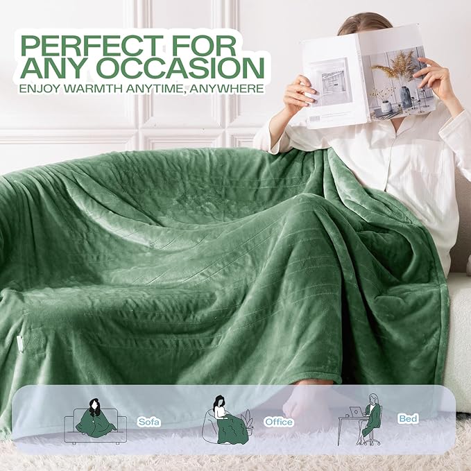 Electric Blanket Heated Throw, Flannel＆Sherpa Heated Blanket with 8 Heat Levels & 8 Hours Auto Off, Fast Heating Blankets Machine Washable with ETL Certification, 50x60 Inch, Green