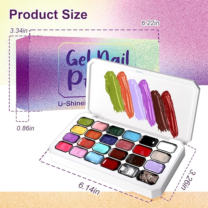 Gradient Painting Gel, 24 Gliter Colors Ombre Gel Nail Polish for Pigment Pat Silver&Gold Aura Nails, French Manicure DIY Nail Art Long-lasting No-wipe Palette B