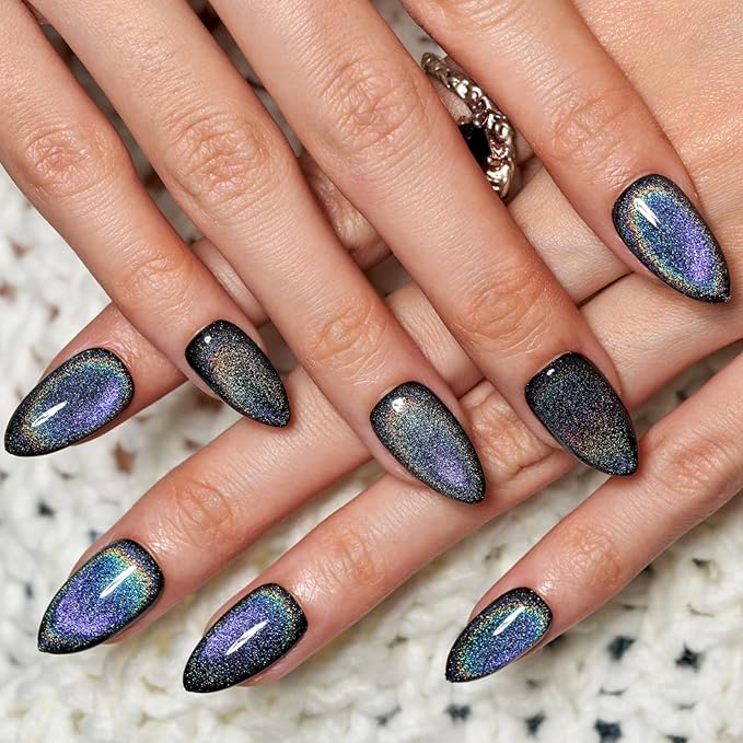GLAMERMAID Black Blue Magnet Cat Eyes Press on Nails Short Almond, Laser Rainbow Handmade Gel Fake Nail Kit, Ombre Glitter Magnetic Glue on Nail Stiletto, Medium Oval Stick on False Nail Set for Women