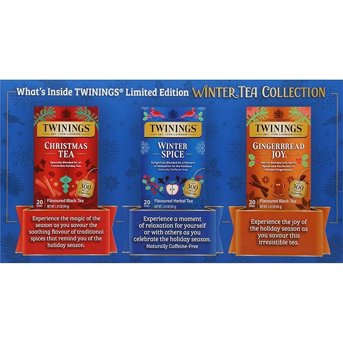 Twinings Winter Tea Collection, Limited Edition Holiday Gift Box, 20 Count (Pack of 3), Includes Christmas Tea, Winter Spice, and Gingerbread Joy, Enjoy Hot or Iced, 60 Teabags