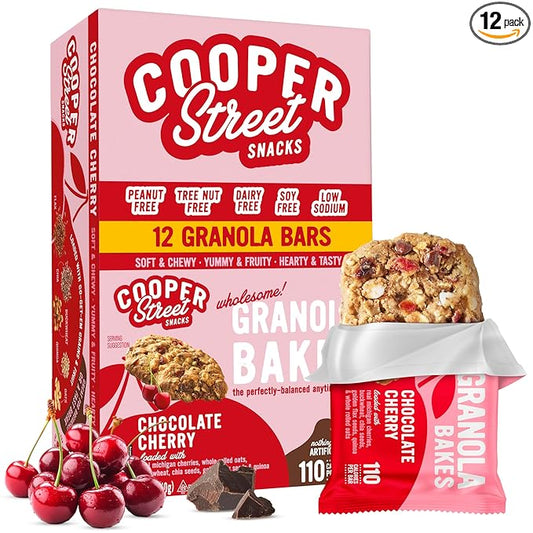 Cooper Street Chocolate Cherry Granola Bakes (12 pack) - Individually Wrapped Soft and Chewy Breakfast Granola Bars - Nut, Dairy & Soy Free - Great As Kids Snacks For School, Hiking Or Lunchbreak