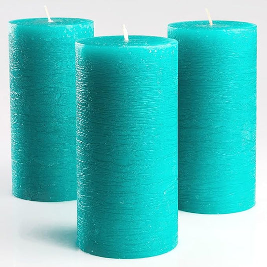 Set of 3 Pillar Candles 3" x 6" Unscented Handpoured Weddings, Home Decoration, Restaurants, Spa, Church Smokeless Cotton Wick - Turquoise