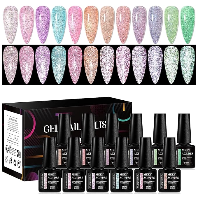 MEET ACROSS Gel Polish Reflective Glitter Gel Nail Polish Set, 12 Colors Holographic Sparkle Glitter Gel, Flash Diamond Gold Red Purple Green UV LED Soak Off Manicure Kit Gift for Women Girls