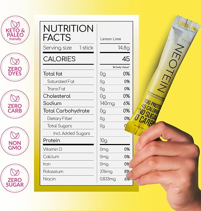 NEOTEIN: Electrolyte Powder Packets, Protein Powder with 10g Protein & Collagen | Hydration Packets - Zero Sugar, NO Fillers, NO Carbs | Lemon Lime | 45 Calories | Keto & Paleo | Pack of 15