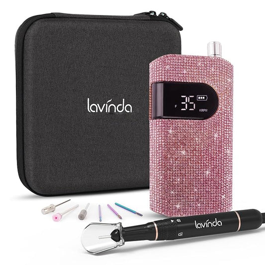 Professional Nail Drill Machine, Lavinda 35000RPM Electric Nail File for Acrylic Gel Nails, Cordless Portable Nail Drill Kit with Coreless Motor, Manicure Pedicure Shape Tools (Diamond, Pink)