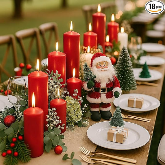 18 Pcs Red Pillar Candles Bulk Set，Hurricane Candles，3 Different Lengths (6 Each)，Dripless Unscented Smokeless，Gives You a Better Atmosphere When Organizing Wedding or Event Party.