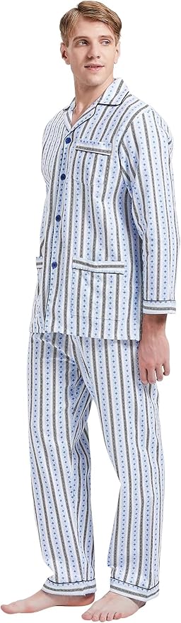 GLOBAL Men's Pajamas Sets 100% Cotton Flannel Sleepwear Long-Sleeve top & Bottom
