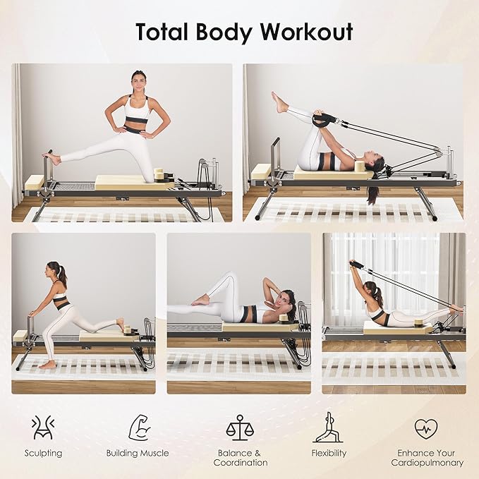 DlandHome Pilates Reformer, Foldable Pilates Reformer Machine with Springs & Resistance, Suitable for Advanced and Beginners Users Adjustable Pilates Equipment for Full-Body Home Workout Up to 330 lbs