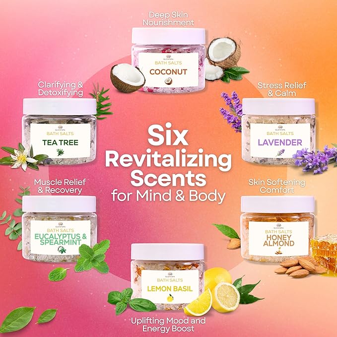 Bath Salts Gift Set for Women – Pack of 6 Scents: Lavender, Rose, Chamomile, Eucalyptus, Coconut, Orange – Epsom Salt Gift Set, Bath Crystals for Women Relaxing, Self Care Gift for Mom