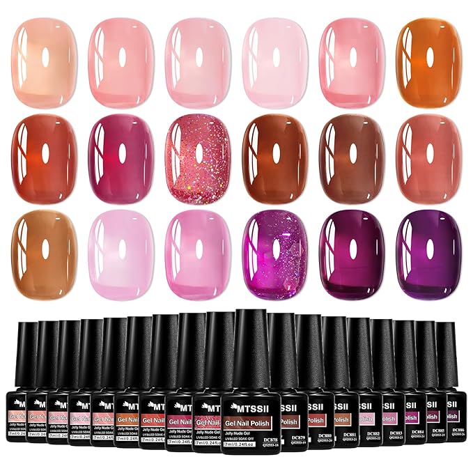 MTSSII Jelly Gel Nail Polish Set 18 Colors, Pink Red Purple Glitter Translucent Sheer Soak Off UV Gel for Nail Art DIY Manicure and Pedicure at Home