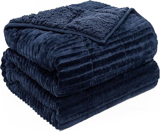 Sherpa Fleece Weighted Blanket with Ribbed Stripes for Adults, 15 lbs Dual Sided Cozy Warm Blanket for Couch Full Size Bed, Ceramic Beads Heavy Thick Blankets Great for Sleep, Navy Blue, 60" x 80"