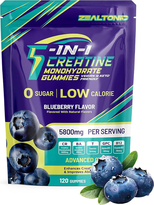 Creatine Monohydrate Gummies 5800mg with Betaine & Alpha GPC | 0 Sugar | Pre Workout Energy Booster for Men & Women | Muscle Growth & Boost Strength & Faster Recovery | (120, Blueberry)