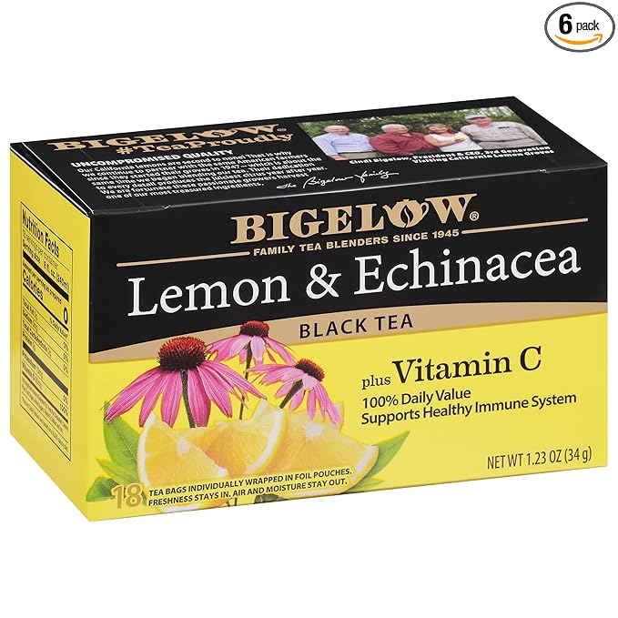 Bigelow Tea Lemon & Echinacea Plus Vitamin C Black Tea, Caffeinated Tea with Lemon and Echinacea, 18 Count Box (Pack of 6), 108 Total Tea Bags