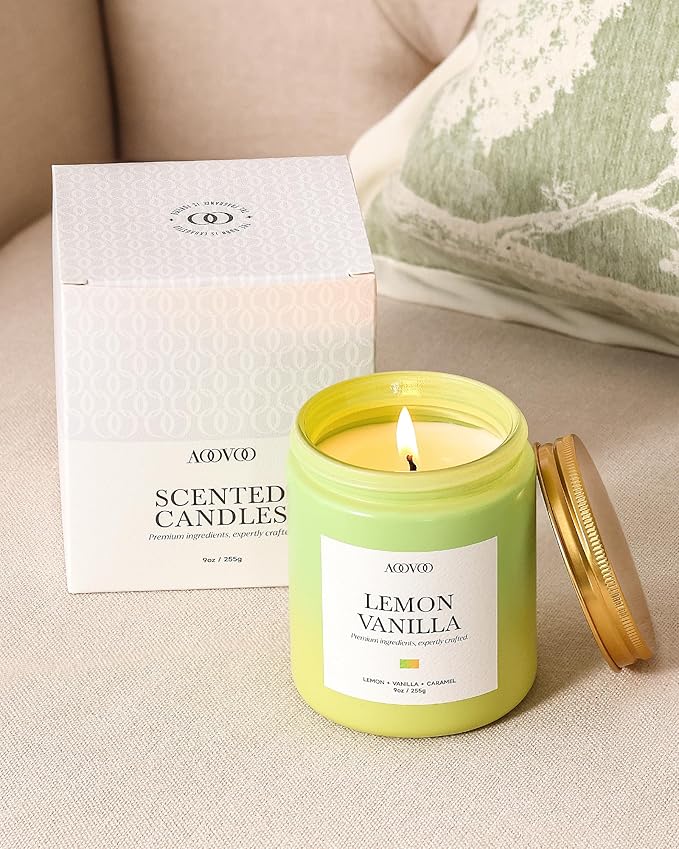 AOOVOO Lemon Vanilla Candles - Scented Candle Gift for Women, 9oz Soy Candle, 50 Hours Burn, Jar Candle for Home Scented, Relaxing, Stress Relief Candles
