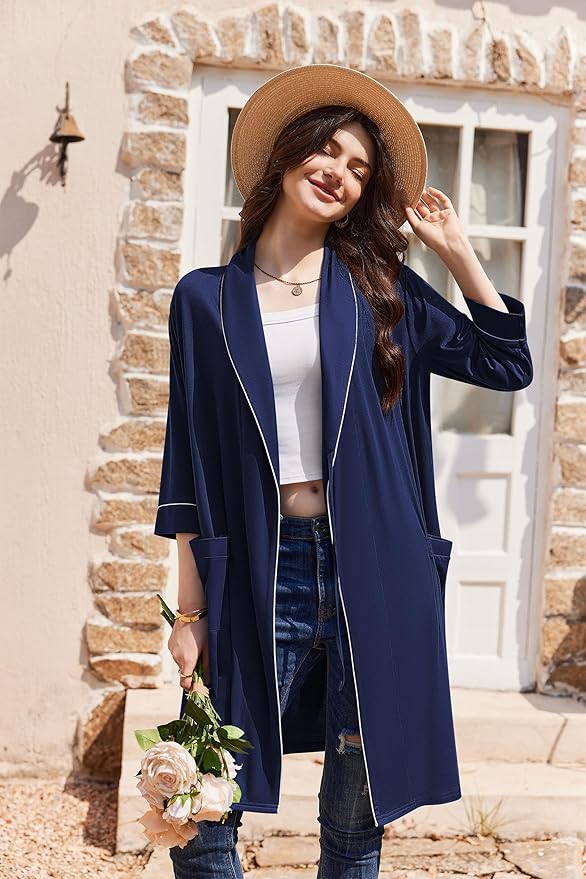 Ekouaer Women Robes Shawl Collar Bathrobe Short Kimono Robe Soft Knit Bathrobes Ladies Sleepwear with Pockets S-XXL