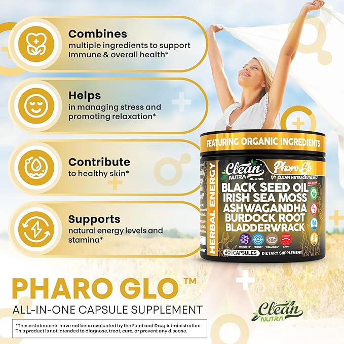 Clean Nutraceuticals Black Seed Oil Sea Moss Ashwagandha Burdock Root Bladderwrack Energy Vegan Capsules Seaweed Skin Detox Stress Relief Immune Support Focus Supplement Nigella Sativa 60 Count