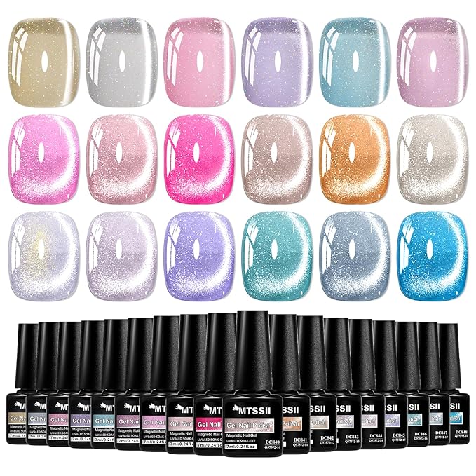 MTSSII Jelly Cat Eye Gel Nail Polish Set, 18 Colors Rainbow Glass Sea Spirit Magnetic Gel Polish Kit with Magnet Pink Blue Purple Grey Glitter Cateye Nail Polish Salon Manicure Nail Art DIY at Home