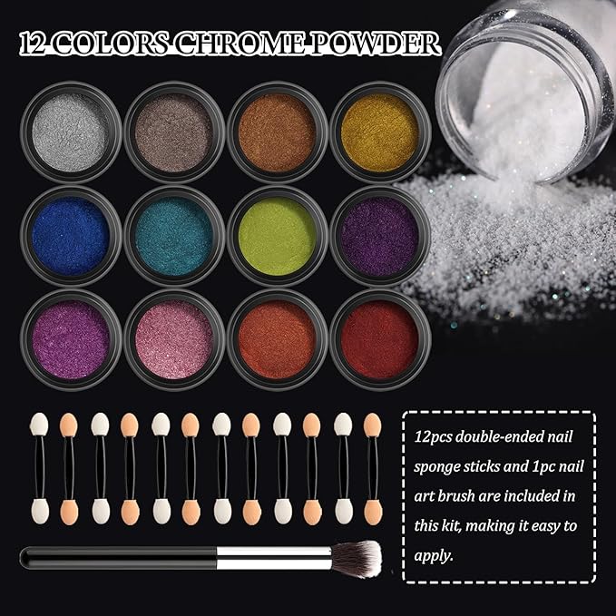 Chrome Nail Powder with Nail Glitter Set 12 Colors Gold Silver Copper Holographic Nail Powder Iridescent Metallic Mirror Crome Powder with Brushes for Chrome Gel Nail Decor