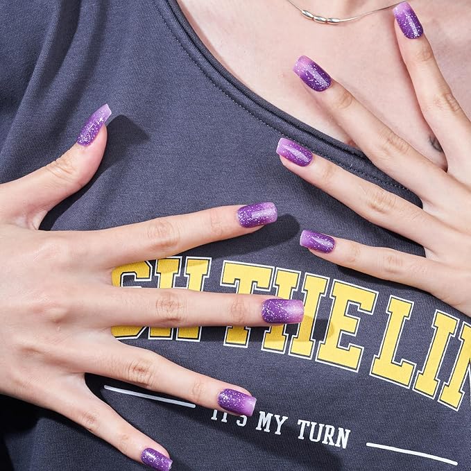 GLAMERMAID Thermochromic Ombre Press on Nails Medium Square, Thermo Purple Pink Glitter Shrimmer Gel False Nals, Glue on Nails Kit for Women, Reusable Stick on Acrylic Fake Nails Manicure Set