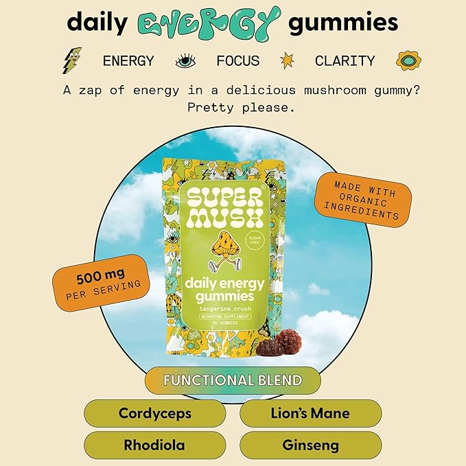 Energy Mushroom Gummies - Organic Lions Mane Supplement with Cordyceps, Rhodiola, L-Theanine, Maca - Vegan & Sugar-Free - Energy, Focus, Stamina, Stress Reduction - 60 Gummies (30 Servings)