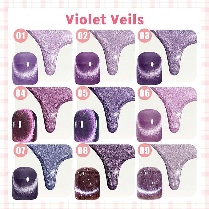 Gel Nail Polish Set, Cat Eye Gel Polish Kit, Holographic Reflective Magnetic Shimmer Glitter Dark Light Purple Gel, Manicure Salon DIY Gifts, Soak Off, UV/LED Cured (9 Colors C)
