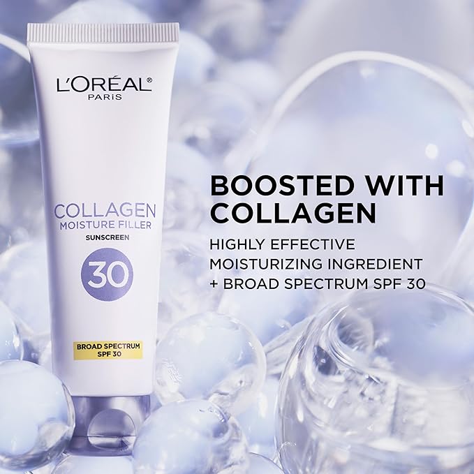 L'Oreal Paris Collagen Moisture Filler Face Cream with Broad Spectrum SPF 30, Anti-Aging Moisturizer and Daily Sunscreen, Includes Face Serum Sample