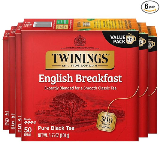 Twinings English Breakfast Black Tea Individually Wrapped Bags, 50 Count (Pack of 6), Flavourful, Robust, Caffeinated, Enjoy Hot or Iced, 300 Teabags