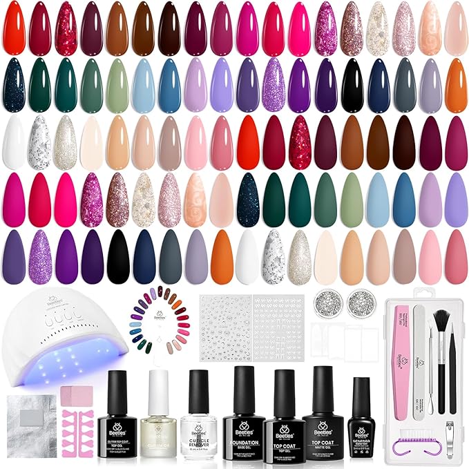 Beetles Gel Nail Polish Kit with U V Light, 75PCS Gel Nail Kit with Base Top Coat 45 Colors Winter Christmas Gel Polish Set Burgundy Red Exquisite Femininity Manicure Home DIY Gifts for Women Teens