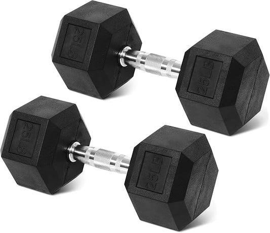 Rubber Encased Hex Weights Dumbbells Set of 5 – 50 lb Pair | Cast Iron Hand Weights with Anti-Slip Grip for Home Gym Strength Training