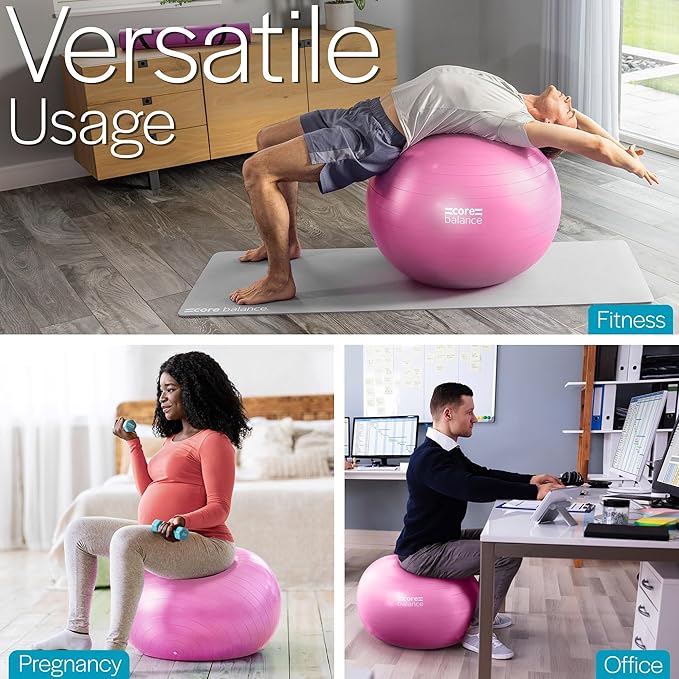 Core Balance Exercise Ball for Workouts, Anti-Burst and Slip Resistant, Swiss Yoga Ball for Pregnancy, Stability, Fitness and Physical Therapy, 4 Sizes, with Pump