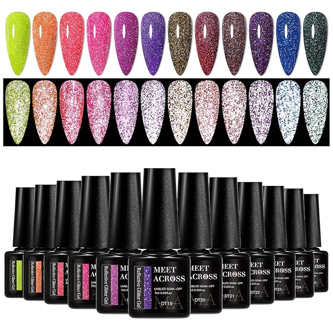 MEET ACROSS Reflective Glitter Gel Nail Polish Set for Christmas Nails 12 Colors Including Pink Red Purple Holographic Gel Polish Kit UV LED Soak Off Nail Polish Home DIY Manicure Nail Salon Varnish