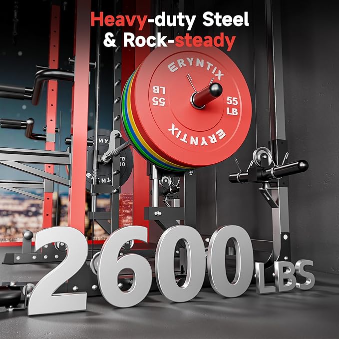 Smith Machine Home Gym for Strength Training, All-in-One Power Cage with Cable Crossover, Squat Rack, LAT Pulldown, Pull-Up Bar, 2600LBS Capacity Gym System with 18 Attachments