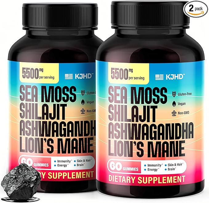 KJHD 2 Pcs Shilajit Ashwagandha Gummies with Sea Moss, Beet Root, Lion’s Mane Mushroom & Black Seed Oil – Organic Herbal Superfood Supplement – 120 Vegan Gummies