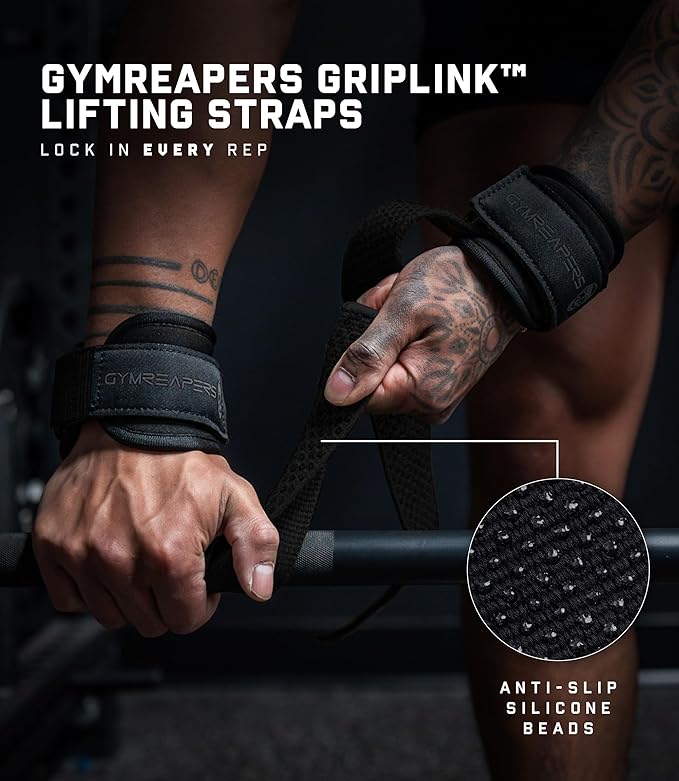 Gymreapers GripLink Lifting Straps – Heavy Duty D-Ring Weight Lifting Wrist Straps with Anti-Slip Silicone Grip Beads, Cushioned & Adjustable Support for Deadlifts, Powerlifting, Cable Machines & Gym Training