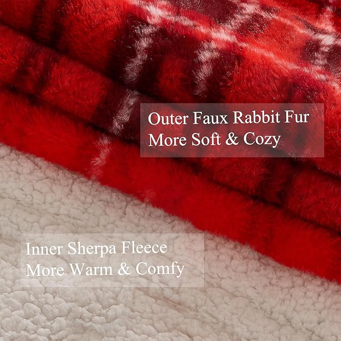 MAXEVE Faux Fur Heated Electric Blanket, 84"x90" Fast Heating Warming Queen Blankets with 8 Heating Levels & 8 Hours Auto Off with Over-Heat Protection & ETL Certified, Plaid Red