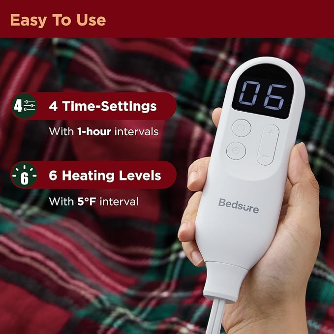 Bedsure Plaid Heated Throw Blanket - Flannel Sherpa Electric Blanket with Plaid Pattern, for Grandma, Heating with 6 Heating Levels, 4 Time Settings, 3-Hour Auto-Off (Red, 50"x60")