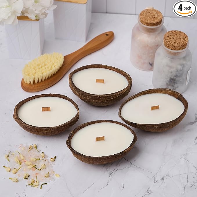 – Set of 4 Separate Scented Candles | Coconut Shell Candle, Wooden Wick | Candles for Home Scented & Candle Décor I Gift idea (Cashmere/Pistachio/Coffee/Salted Caramel)