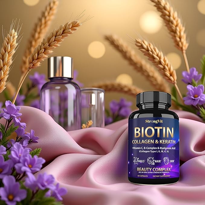Biotin with Hyaluronic Acid, Keratin, and Collagen Supplements - Hair Growth Vitamins for Women, Healthy Nails and Skin, B1, B2, B3, B6, B7 Complex, USA