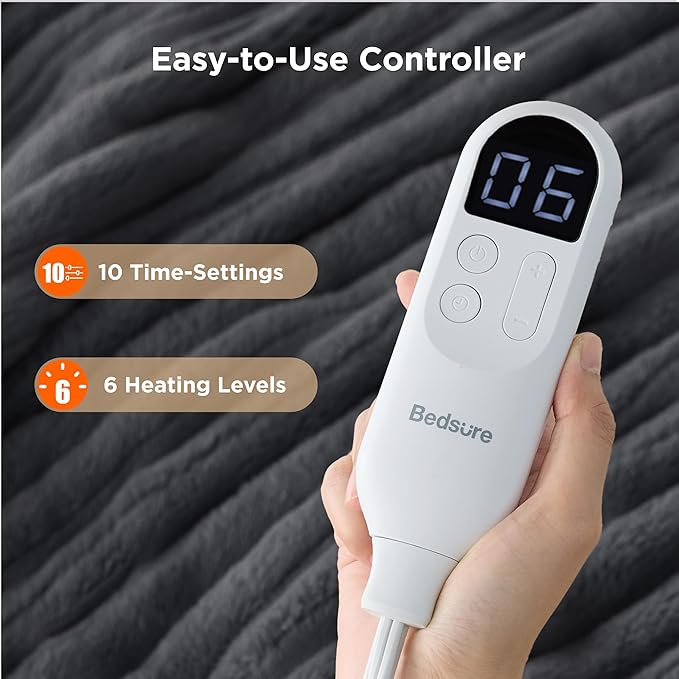 Bedsure Electric Blanket Full Size - Thick Striped Flannel Heated Blanket with 6 Heat Settings, Heating with 10 Time Settings, 8-Hour Timer Auto Shut Off, Gift for Grandma (72x84 inches, Grey)