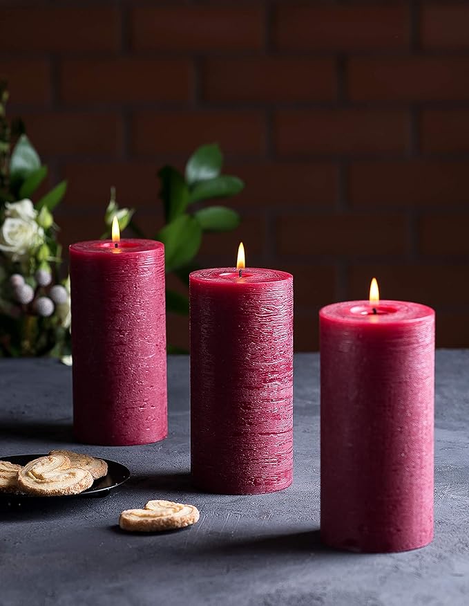 Set of 3 Pillar Candles 3" x 6" Unscented Handpoured Weddings, Home Decoration, Restaurants, Spa, Church Smokeless Cotton Wick - Burgundy